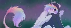 Size: 1100x440 | Tagged: safe, artist:puppie, oc, oc only, oc:esoteric, alicorn, pony, alicorn oc, clothes, forest, hoodie, horn, leonine tail, smiling, solo, spread wings, tail, wings