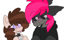 Size: 2400x1500 | Tagged: safe, artist:puppie, oc, oc only, oc:gruffy, oc:raevyn, earth pony, pegasus, pony, black sclera, blushing, clothes, duo, eyebrows, eyebrows visible through hair, floppy ears, goofy, hoodie, raspberry, silly, simple background, smiling, tongue out, transparent background