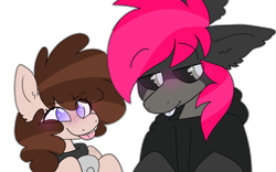 Size: 2400x1500 | Tagged: safe, artist:php193, oc, oc only, oc:gruffy, oc:raevyn, earth pony, pegasus, pony, black sclera, blushing, clothes, duo, eyebrows, eyebrows visible through hair, floppy ears, goofy, hoodie, raspberry, silly, simple background, smiling, tongue out, transparent background