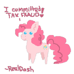 Size: 466x464 | Tagged: safe, artist:realdash, pinkie pie, earth pony, pony, g4, /pnk/, 1000 hours in ms paint, aggie.io, crime, ear fluff, ears, exclamation point, female, full body, heart, lowres, mare, simple background, smiling, solo, speech bubble, standing, talking, tax fraud, transparent background