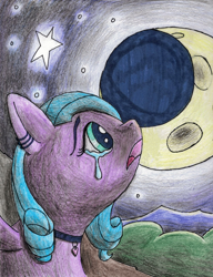 Size: 1576x2048 | Tagged: safe, artist:herasae, oc, oc only, unnamed oc, pegasus, pony, crying, moon, pegasus oc, traditional art, vent art