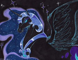 Size: 800x616 | Tagged: safe, artist:stray-sketches, nightmare moon, alicorn, pony, g4, fangs, female, hoers, mare, solo, spread wings, wings