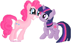 Size: 297x179 | Tagged: safe, artist:teaganlouise, twilight sparkle, earth pony, pony, unicorn, g4, 2012, duo, female, mare, pixel art, simple background, transparent background, unicorn twilight