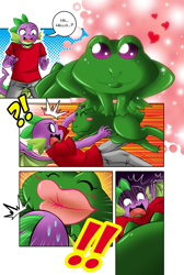 Size: 1500x2234 | Tagged: safe, artist:boastudio, spike, dragon, frog, toad, anthro, g4, comic, commission, disguise, disguised changeling, exclamation point, eyes closed, kissing, looking at you, male, speech bubble