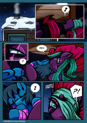 Size: 2480x3508 | Tagged: safe, artist:dsana, fizzlepop berrytwist, tempest shadow, oc, oc:lullaby dusk, pegasus, pony, unicorn, comic:a storm's lullaby, g4, bandage, bandaged wing, comic, female, filly, foal, high res, mare, sleeping, wings