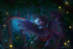 Size: 2433x1618 | Tagged: safe, artist:lendftcn, oc, oc only, oc:fenris ebonyglow, original species, pegasus, pony, timber pony, timber wolf, clothes, everfree forest, forest, looking back, night, scarf, scenery