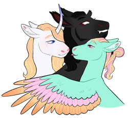 Size: 1280x1184 | Tagged: safe, artist:s0ftserve, king sombra, prince blueblood, zephyr breeze, pony, g4, colored wings, curved horn, gay, horn, male, multicolored wings, polyamory, simple background, transparent background, trio, wings