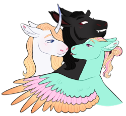 Size: 1280x1184 | Tagged: safe, artist:s0ftserve, king sombra, prince blueblood, zephyr breeze, pony, g4, colored wings, curved horn, gay, horn, male, multicolored wings, polyamory, ship:sombluebreeze, simple background, transparent background, trio, wings