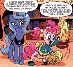Size: 629x574 | Tagged: safe, artist:amy mebberson, idw, pinkie pie, princess luna, alicorn, earth pony, pony, g4, spoiler:comic, spoiler:comic05, blue mane, blue sweater, blue tail, blue wings, book, bookshelf, cheerleader, cheerleader outfit, clothes, comic, crown, dialogue, folded wings, horn, implied rarity, jewelry, nightmare rarity (arc), pigtails, pink mane, pink tail, pom pom, regalia, s1 luna, sweater, tail, text, wings, wings down