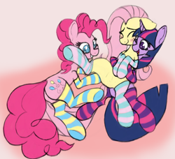 Size: 1038x947 | Tagged: safe, artist:nuxersopus, fluttershy, pinkie pie, twilight sparkle, pony, g4, blushing, clothes, socks, striped socks