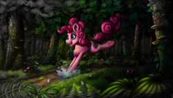 Size: 1920x1080 | Tagged: safe, artist:nuxersopus, pinkie pie, earth pony, pony, g4, female, forest, mare, mushroom, open mouth, open smile, smiling, solo, splash, tree, underhoof, water