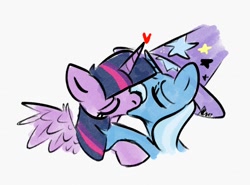 Size: 1138x843 | Tagged: safe, artist:koi, trixie, twilight sparkle, alicorn, pony, unicorn, g4, duo, eyes closed, female, heart, kiss on the lips, kissing, lesbian, ship:twixie, shipping, simple background, spread wings, twilight sparkle (alicorn), white background, wings