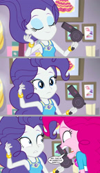 Size: 2193x3780 | Tagged: safe, artist:silverbuller, edit, edited screencap, screencap, pinkie pie, rarity, human, do it for the ponygram!, equestria girls, g4, my little pony equestria girls: better together, alternate hairstyle, comic, curly hair, hair dryer, high res, pinkie pie hair, pinkie pie is not amused, screencap comic, unamused
