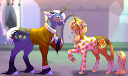 Size: 1280x761 | Tagged: safe, artist:malinraf1615, jack pot, sunflower spectacle, pony, unicorn, g4, clothes, crying, female, male, ship:jacktacle, shipping, straight, sweater