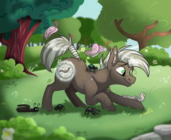 Size: 1280x1049 | Tagged: safe, artist:grumpygriffcreation, oc, oc only, beetle, butterfly, insect, millipede, pony, spider, stag beetle, star spider, worm, bandaid, colt, cutiespark, foal, male, scar, solo, tail, tail wrap, tree