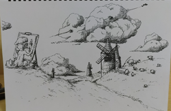 Size: 3180x2074 | Tagged: safe, artist:cirtierest, oc, earth pony, pony, sheep, basket, cloud, drawing, grassland, high res, house, monochrome, plane, scenery, traditional art, windmill