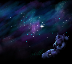 Size: 660x592 | Tagged: safe, artist:feather-ponyart, princess luna, alicorn, pony, g4, female, filly, lying down, night, on back, solo, stargazing, stars, woona, younger
