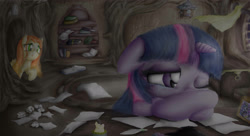 Size: 1920x1044 | Tagged: safe, artist:aquaticsun, princess celestia, twilight sparkle, oc, oc:feather, pony, g4, crossed hooves, crying, golden oaks library, leaning, paper, picture