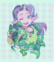 Size: 938x1073 | Tagged: safe, artist:animesoul, part of a set, phyllis, starlight glimmer, human, g4, eared humanization, horn, horned humanization, humanized, looking at you, one eye closed, plant, smiling, vine, wink