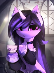 Size: 2865x3864 | Tagged: safe, artist:magnaluna, izzy moonbow, pony, unicorn, g5, belly button, clothes, collar, cup, female, goth, goth izzy, high res, looking at you, mare, sitting, solo, stockings, thigh highs