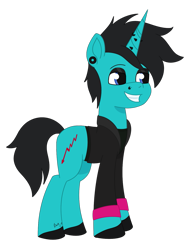 Size: 1179x1516 | Tagged: safe, artist:dyonys, oc, oc only, pony, unicorn, g5, my little pony: tell your tale, as it is, clothes, ear piercing, eyeshadow, hoodie, horn, horn piercing, makeup, male, patty walters, piercing, simple background, smiling, solo, stallion, tattoo, transparent background