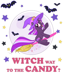 Size: 2280x2637 | Tagged: safe, artist:lillyleaf101, oc, oc only, oc:nebula gloom, bat, pony, unicorn, broom, female, flying, flying broomstick, hat, high res, mare, simple background, solo, transparent background, witch hat