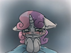 Size: 1451x1099 | Tagged: safe, artist:namaenonaipony, sweetie belle, pony, unicorn, g4, blanket, blushing, crying, female, floppy ears, horn, mare, nightmare, solo