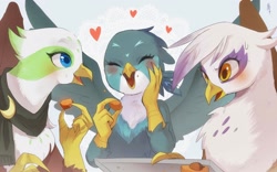 Size: 2048x1280 | Tagged: safe, artist:hosikawa, gabby, gilda, greta, griffon, g4, abstract background, blue background, blushing, bust, clothes, cute, eating, eyes closed, female, gabbybetes, gildadorable, griffon scone, heart, japanese, open mouth, profile, scarf, simple background, spread wings, trio, trio female, wings