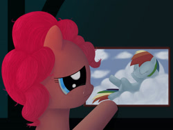 Size: 2225x1663 | Tagged: safe, artist:aklimovich, pinkie pie, rainbow dash, pony, fanfic:the party hasn't ended, g4, cloud, crying, fanfic art, female, lesbian, on a cloud, picture, ship:pinkiedash, shipping