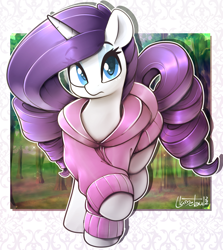 Size: 1220x1368 | Tagged: safe, artist:llametsul, rarity, pony, unicorn, g4, alternate hairstyle, atg 2022, blurry background, clothes, colored, cute, female, hoodie, horn, looking at you, mare, newbie artist training grounds, signature, solo
