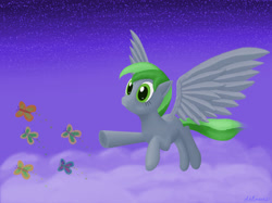 Size: 3389x2536 | Tagged: safe, artist:aklimovich, oc, oc only, oc:forest rain, butterfly, pegasus, pony, flying, high res, smiling, solo