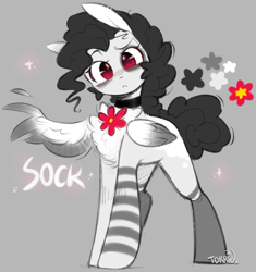 Size: 1187x1262 | Tagged: safe, artist:torridliner, oc, oc:sock, pegasus, pony, big pony, black and white, chest fluff, choker, clothes, curly hair, ears up, female, flower, fluffy, fluffy mane, fluffy tail, grayscale, head tilt, looking at you, mare, monochrome, red eyes, reference sheet, sketch, small wings, socks, solo, striped socks, tail, tall, tall pony, tired, waving, wing gesture, wing wave, wings