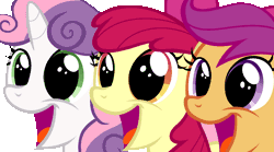 Size: 1620x900 | Tagged: safe, artist:iks83, apple bloom, scootaloo, sweetie belle, earth pony, pegasus, pony, unicorn, g4, hearts and hooves day (episode), 2012, adorabloom, animated, cute, cutealoo, cutie mark crusaders, diasweetes, eye shimmer, female, filly, foal, open mouth, simple background, transparent background, trio