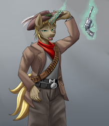 Size: 2000x2300 | Tagged: safe, artist:zachc, oc, oc only, unicorn, anthro, commission, glowing, glowing horn, gun, handgun, hat, high res, horn, looking at you, magic, male, revolver, solo