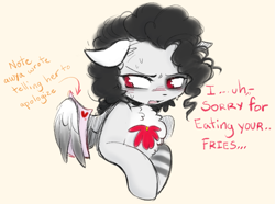 Size: 1373x1020 | Tagged: safe, artist:torridliner, oc, oc:sock, pegasus, pony, blushing, curly hair, female, flower, fluffy, fluffy mane, looking away, nervous, reading, red eyes, simple background, sketch, solo, speech bubble, striped, sweat, talking, talking to viewer, text
