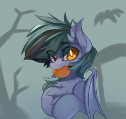 Size: 3622x3421 | Tagged: safe, artist:jfrxd, oc, oc only, oc:scrimmy, bat pony, pony, bat pony oc, bat wings, chest fluff, complex background, ear fluff, folded wings, food, herbivore, heterochromia, high res, hooves to the chest, hooves together, looking at you, male, mango, pony oc, solo, stallion, white pupils, wings