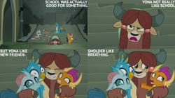 Size: 4400x2475 | Tagged: safe, edit, edited screencap, editor:quoterific, screencap, gallus, ocellus, smolder, yona, changeling, dragon, griffon, yak, g4, my little pony: friendship is magic, school daze, dragoness, female, male