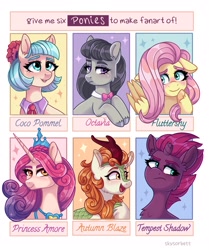 Size: 1715x2048 | Tagged: safe, artist:skysorbett, autumn blaze, coco pommel, fluttershy, octavia melody, princess amore, tempest shadow, earth pony, kirin, pegasus, pony, unicorn, g4, awwtumn blaze, blushing, bowtie, broken horn, cocobetes, crown, cute, female, horn, jewelry, looking at you, mare, open mouth, regalia, shyabetes, six fanarts, smiling, tavibetes, tempestbetes, unshorn fetlocks