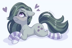 Size: 2021x1354 | Tagged: safe, alternate version, artist:skysorbett, marble pie, earth pony, pony, blushing, clothes, cute, female, hair over one eye, heart, lying down, marblebetes, mare, prone, simple background, socks, solo, striped socks, white background