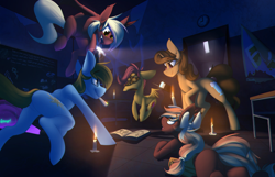Size: 2000x1289 | Tagged: safe, artist:noxy, scootaloo, oc, oc:buttercup shake, oc:dimi, oc:middy, oc:picture perfect, bird, chicken, ghost, undead, g4, braces, camera, candle, female, flashlight (object), flying, haunted, male, phasmophobia, school, scootachicken, shipping, spooky, straight