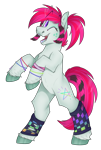 Size: 1350x2000 | Tagged: safe, artist:molars, oc, oc only, oc:rave anthemz, earth pony, pony, bipedal, braces, clothes, coontails, full body, leg warmers, neon, one eye closed, open mouth, pink mane, ponytail, pride flag, rearing, scene, simple background, smiling, solo, standing on two hooves, striped mane, transparent background, unshorn fetlocks, wink