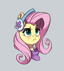 Size: 1914x2118 | Tagged: safe, artist:i love hurt, fluttershy, pegasus, pony, dungeons and discords, g4, bust, earmuffs, female, mare, pink hair, portrait, raised eyebrow, sad, simple background, simple shading, solo