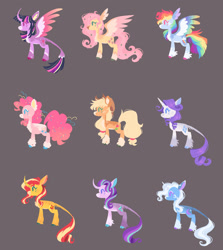 Size: 1280x1438 | Tagged: safe, artist:wanderingpegasus, applejack, fluttershy, pinkie pie, rainbow dash, rarity, starlight glimmer, sunset shimmer, trixie, twilight sparkle, alicorn, classical unicorn, earth pony, pegasus, pony, unicorn, alternate design, alternate hairstyle, applejack's hat, bald face, blaze (coat marking), body freckles, brown background, chest fluff, cloven hooves, coat markings, colored eartips, colored eyelashes, colored hooves, colored pinnae, colored wings, cowboy hat, curved horn, facial markings, feathered ears, feathered fetlocks, female, freckles, gradient wings, hat, heart mark, horn, ibispaint x, leonine tail, mane six, mare, markings, multicolored wings, pale belly, rainbow wings, redesign, side view, simple background, snip (coat marking), socks (coat markings), star (coat marking), straight horn, tail, twilight sparkle (alicorn), unshorn fetlocks, wings