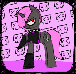 Size: 1180x1154 | Tagged: safe, artist:xxv4mp_g4z3rxx, oc, oc only, oc:ivy crystals, pony, unicorn, arm warmers, clothes, collar, hoof on chest, horn, pink mane, raised hoof, red eyes, smiling, solo, spiked collar, unicorn oc