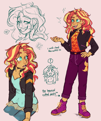 Size: 1660x2000 | Tagged: safe, artist:eggoatt, sunset shimmer, human, equestria girls, g4, clothes, female, hand on hip, jacket, open mouth, pants, shoes, solo