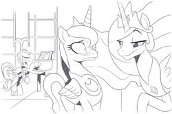 Size: 1497x993 | Tagged: safe, artist:nauyaco, princess celestia, princess luna, oc, alicorn, pegasus, pony, g4, blushing, duo focus, female, jewelry, monochrome, musical instrument, piano, regalia, simple background, smug, smuglestia, sweat, trio, white background