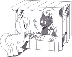 Size: 1579x1262 | Tagged: safe, artist:nauyaco, oc, oc:w. rhinestone eyes, changeling, honeypot changeling, pony, unicorn, corn, female, food, food stand, mare, monochrome, simple background, vendor stall, white background