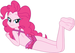 Size: 7045x4922 | Tagged: safe, artist:emeraldblast63, pinkie pie, equestria girls, ass, balloonbutt, barefoot, bedroom eyes, breasts, butt, clothes, feet, looking at you, looking back, looking back at you, looking over shoulder, lying down, pinkie pie swimsuit, sexy, simple background, soles, solo, swimsuit, the pose, toes, transparent background