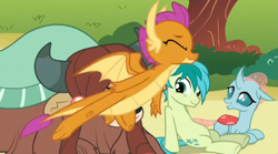 Size: 1305x728 | Tagged: safe, screencap, ocellus, sandbar, smolder, yona, changedling, changeling, dragon, earth pony, pony, yak, g4, school daze, cropped, dragoness, eyes closed, female, flying