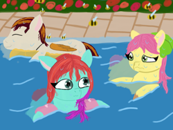 Size: 2048x1536 | Tagged: safe, artist:php176, derpibooru exclusive, jazz hooves, posey bloom, rocky riff, bee, earth pony, insect, pegasus, pony, g5, bow, female, hair bow, inflatable, male, mare, stallion, swimming pool, water wings, wet, wet mane